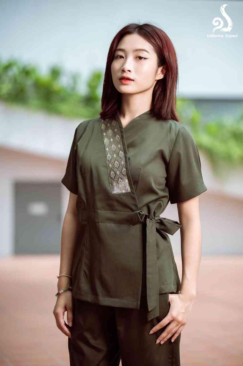VIP ឈុតនារី ពណ៌ស្លែ ឡាយហូល - VIP spa set for women Dark olive green