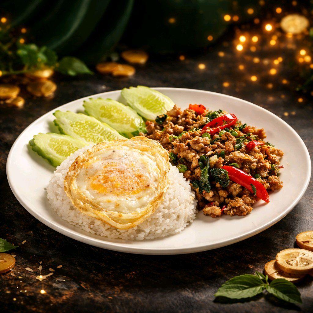 បាយសាច់ជ្រូកឆាម្រះព្រៅ / Rice with Stir Fried Spicy Pork & Holy Basil