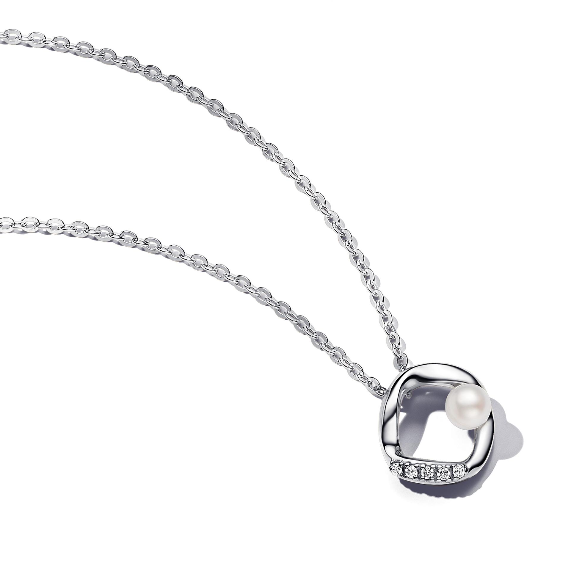 Pandora Silver Organically Shaped Pave Circle and Pearl Necklace