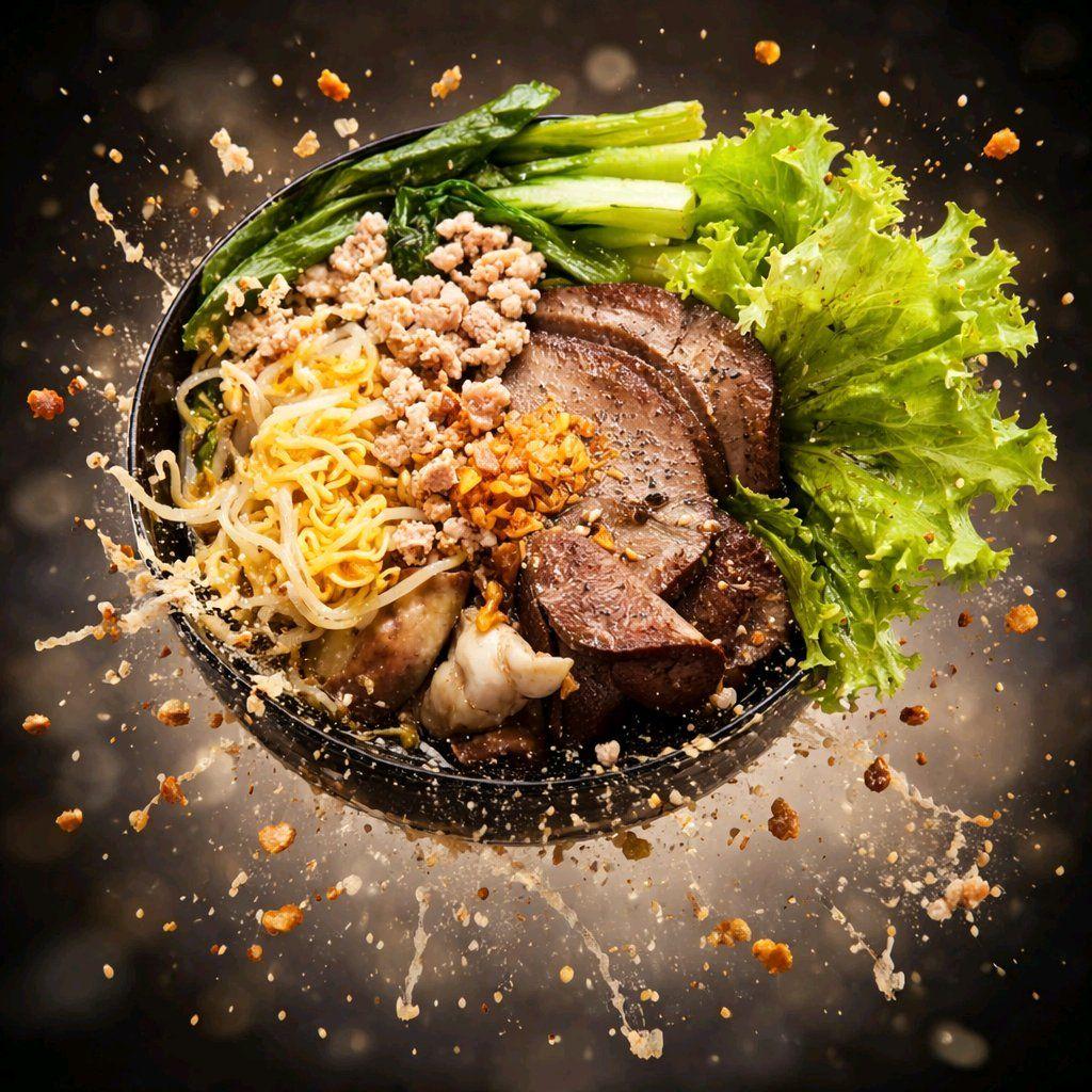 ស៊ុបមីគ្រឿងក្នុងសាច់ចិញ្ច្រាំ / Chopped Pork & Pork Organ Soup with Yellow Noodle