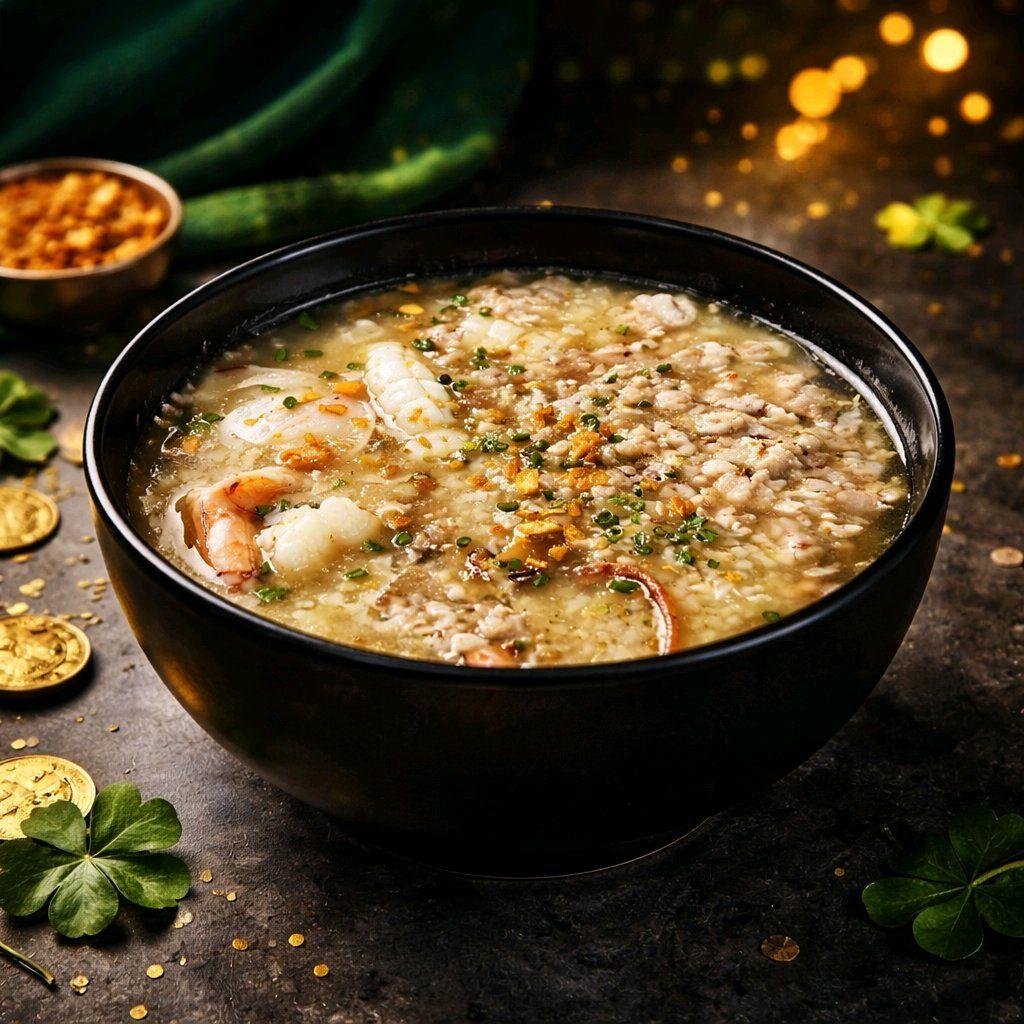 បបរសាមចូក / Mushroom Rice Congee with Mixed Meatball