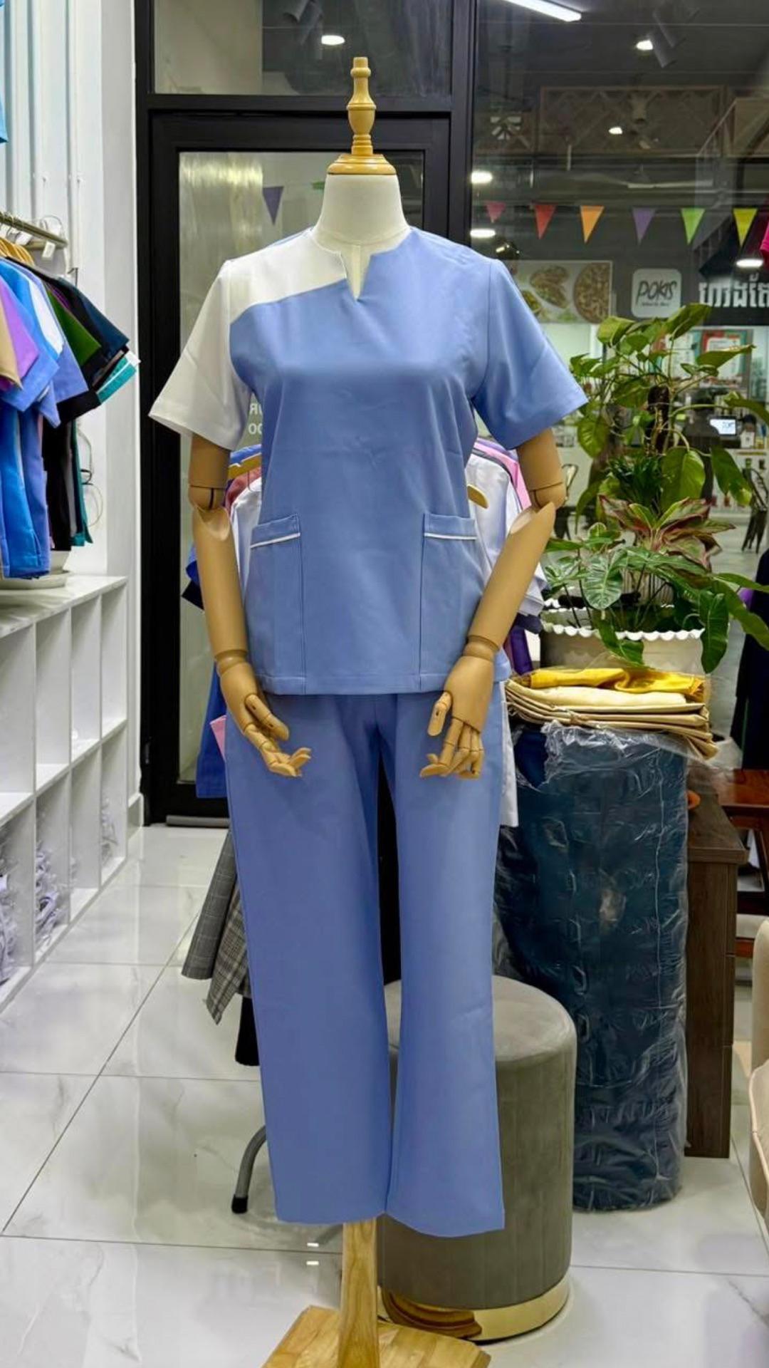 VIPឈុតនារីពណ៍ផ្ទៃមេឃ ឡាយស - VIP Nurse set for women G-Blue white striped