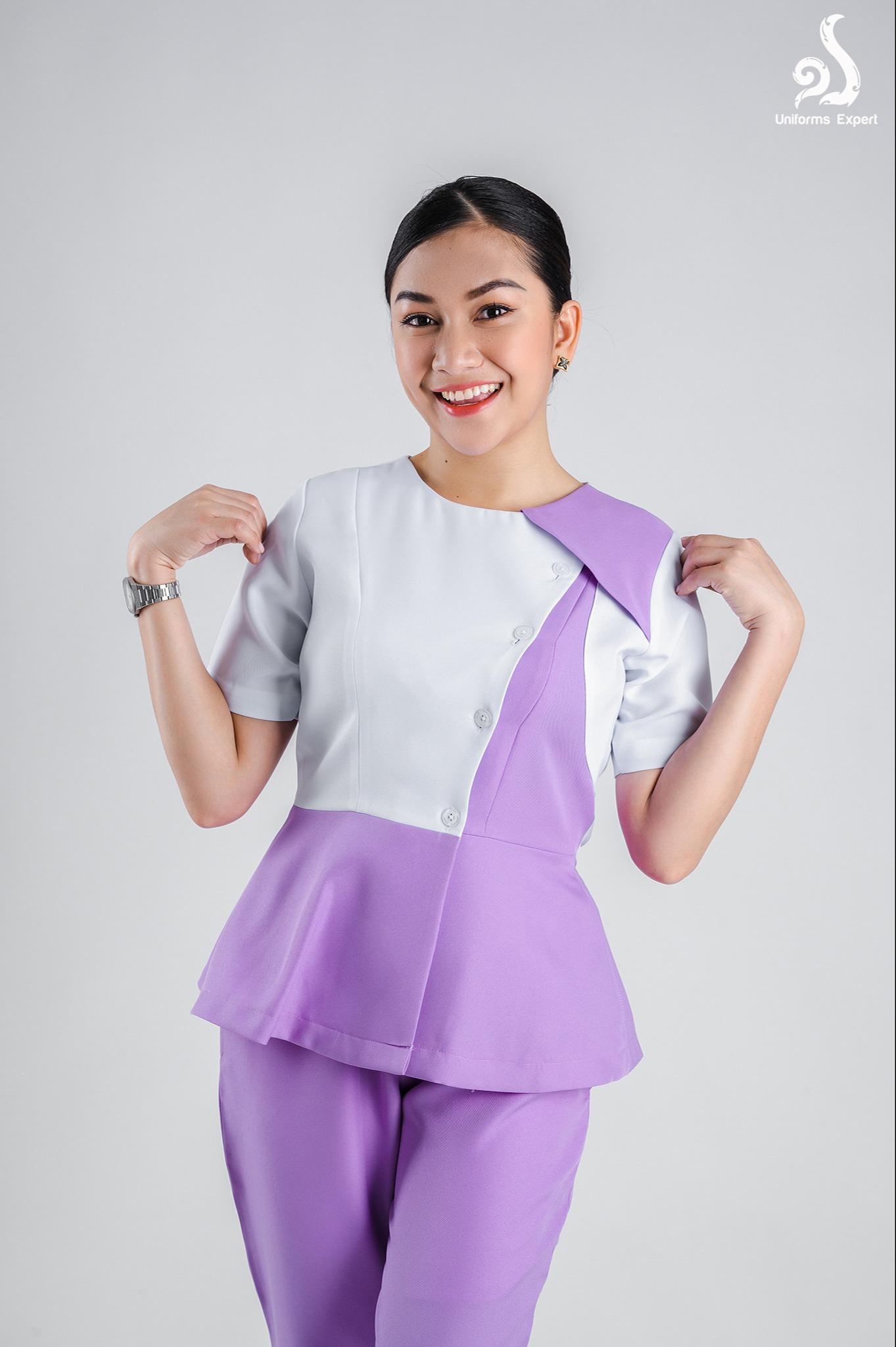 VIPឈុតនារីពណ៌ស្វាយ ឡាយស - VIP nurse set for women Purple with white color