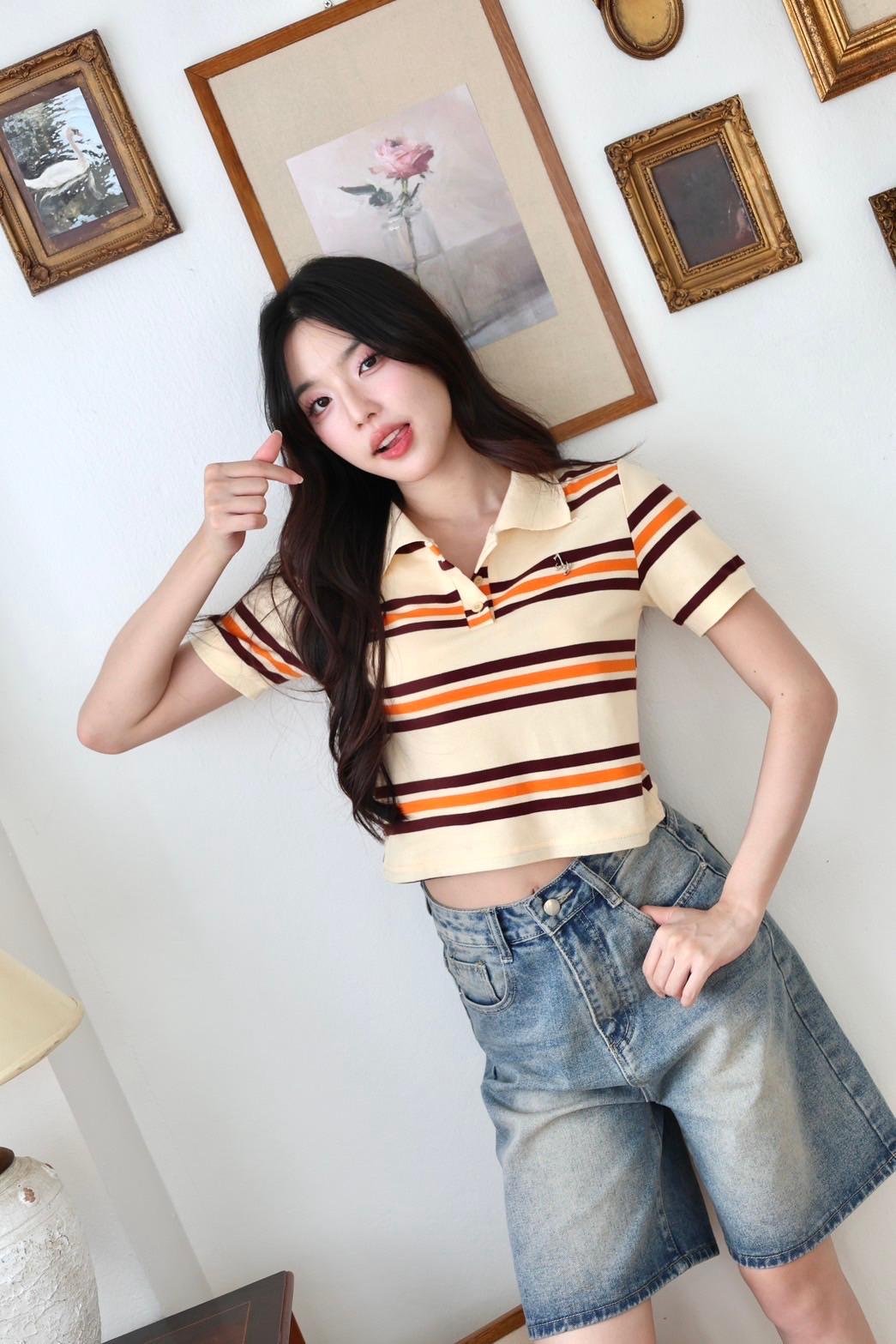 Stripped polo crop top