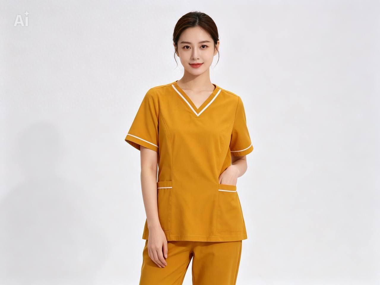 ឈុតនារីពណ៌លឿងឡាយស - Nurse set for women Yellow white color