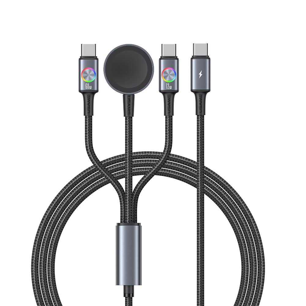 USAMS 72W Aluminum Alloy Data Cable with Colorful Light Type-C To Type-C + Type-C + Watch Wireless Charger