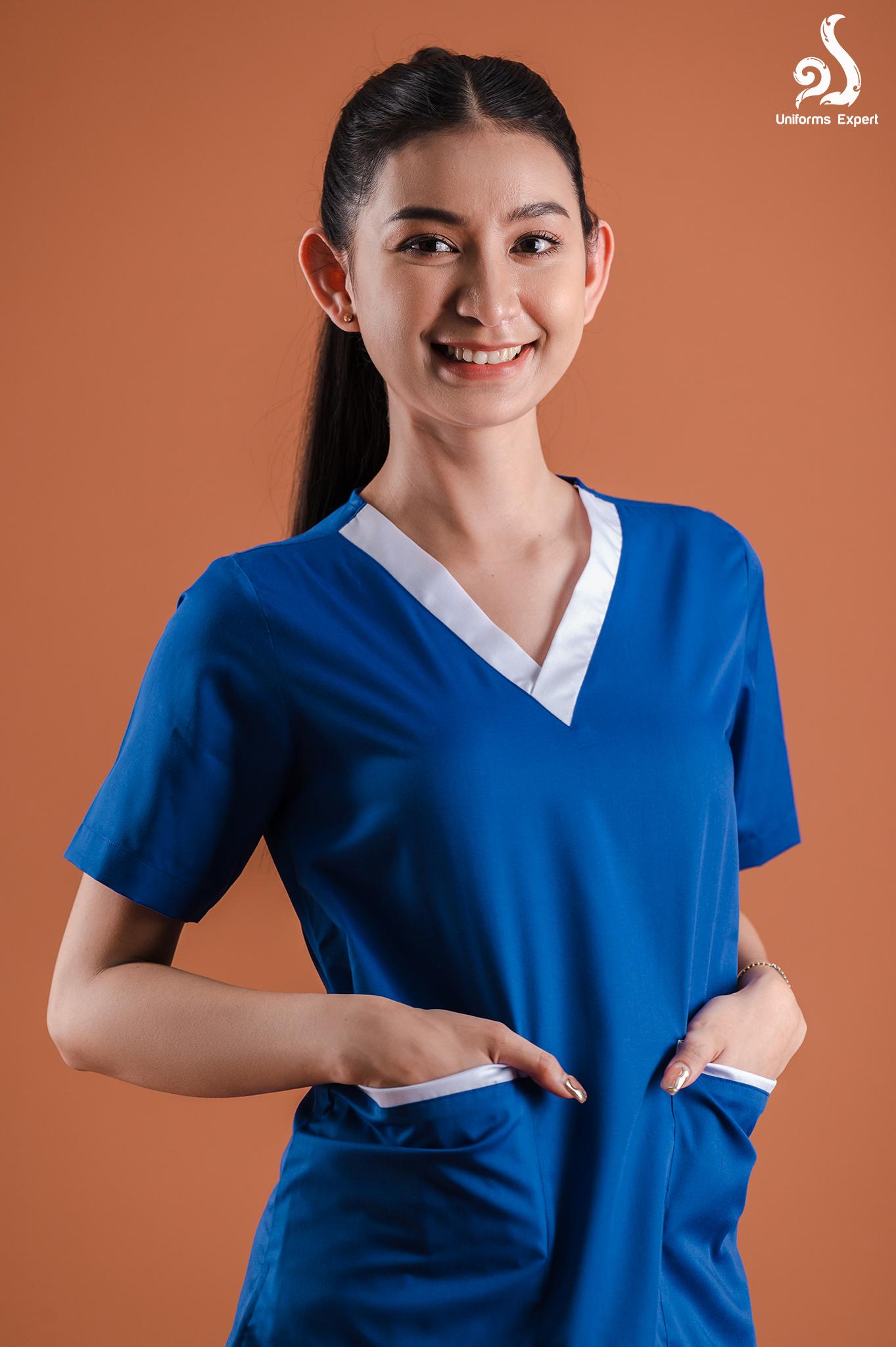 ឈុតនារីពណ៌ទឹកប៊ិច ឡាយស - Nurse set for women Navy blue with White color