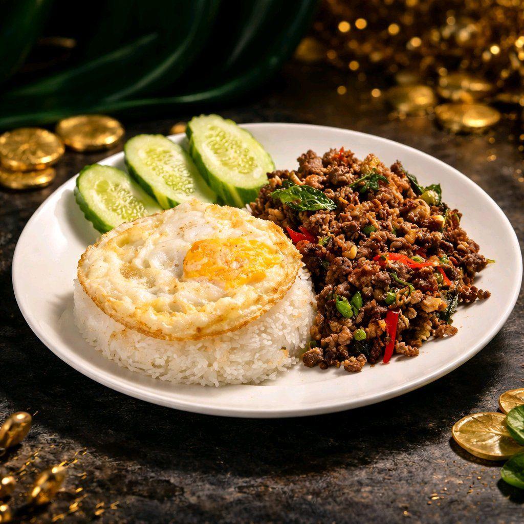 បាយសាច់គោឆាម្រះព្រៅ / Rice with Stir Fried Spicy Beef & Holy Basil