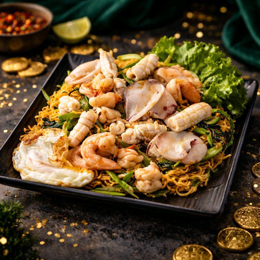 មីឆាគ្រឿងសមុទ្រ / Stir Fried Yellow Noodle with Seafood