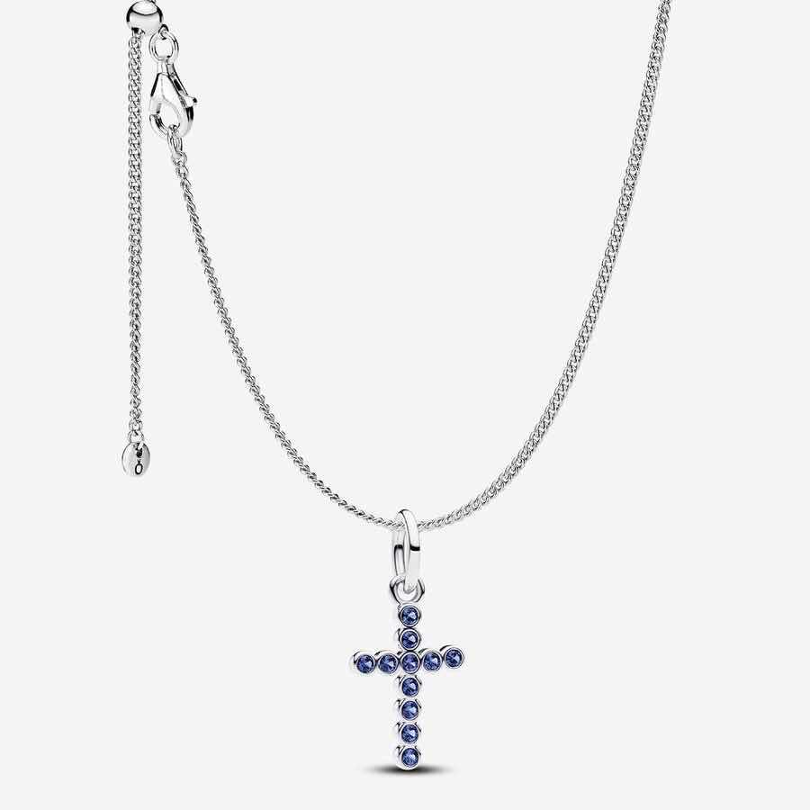Pandora Sparkling Blue Round Bezel Cross Pendant Necklace
