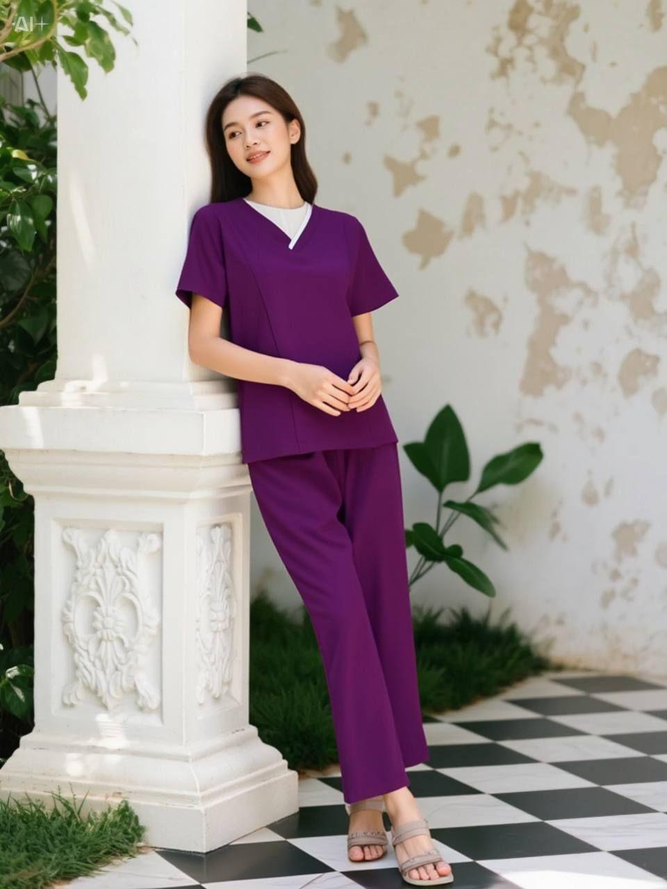 VIPឈុតនារីពណ៌ ស្វាយឌិតឡាយស - VIP nurse set for women purple color white stripe