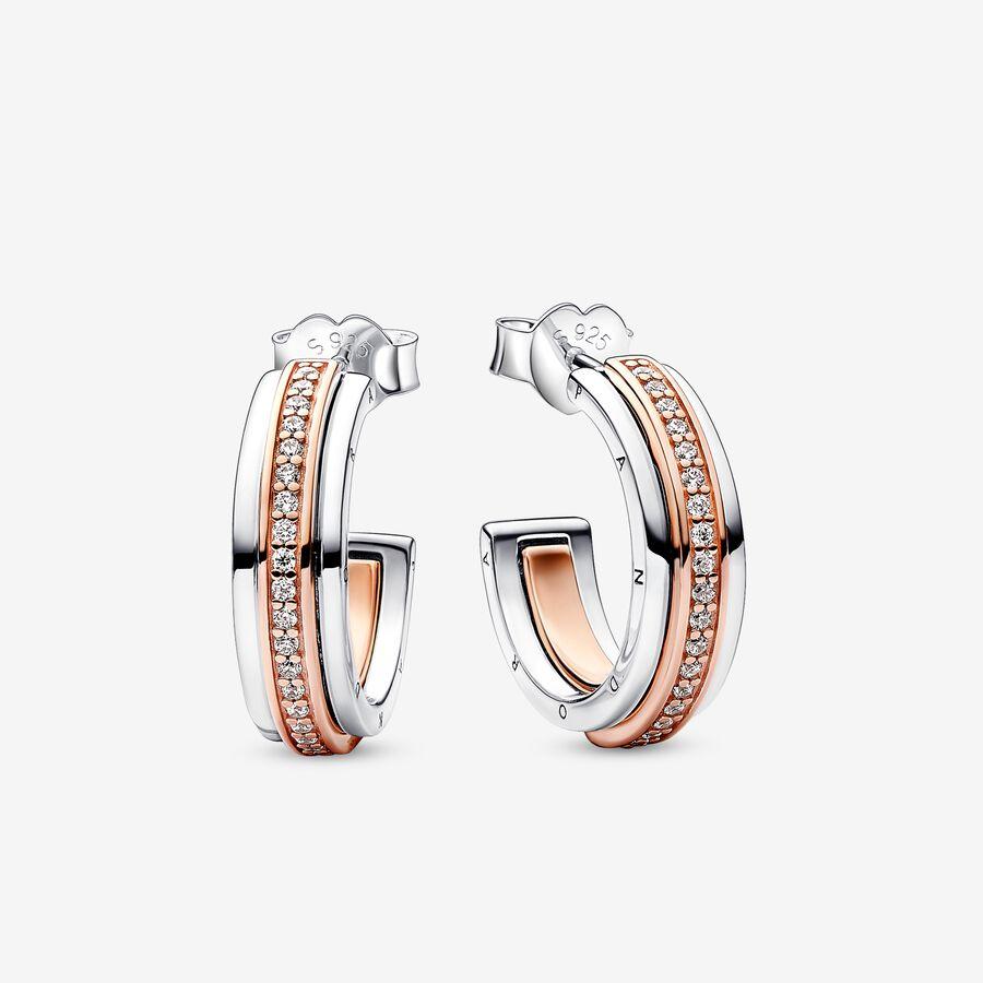 Pandora Signature Two tone Logo & Pavé Hoop Earrings
