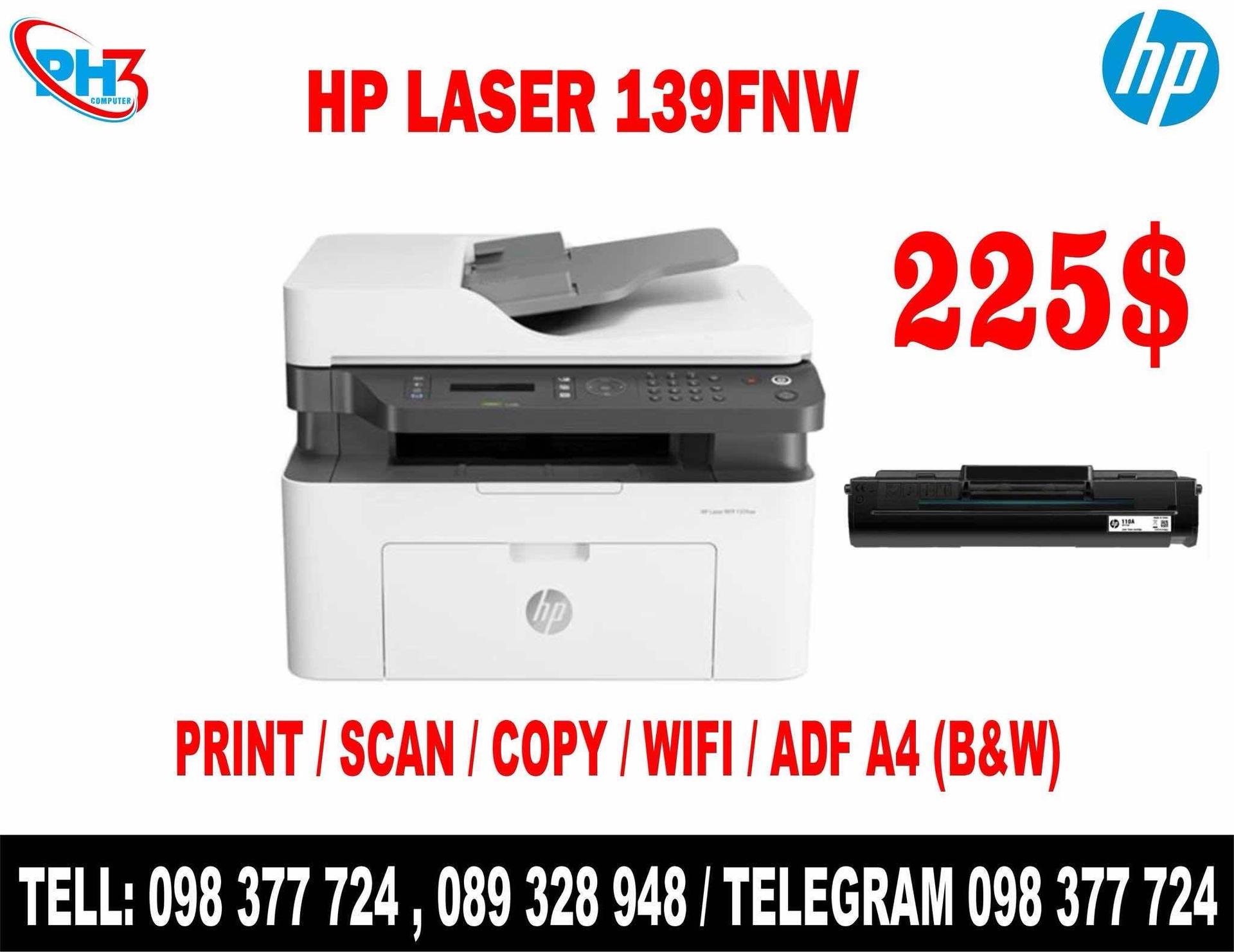 HP Laser 139fnw /Print Scan Copy Wifi ADF A4 សខ្មៅ​ 225$
