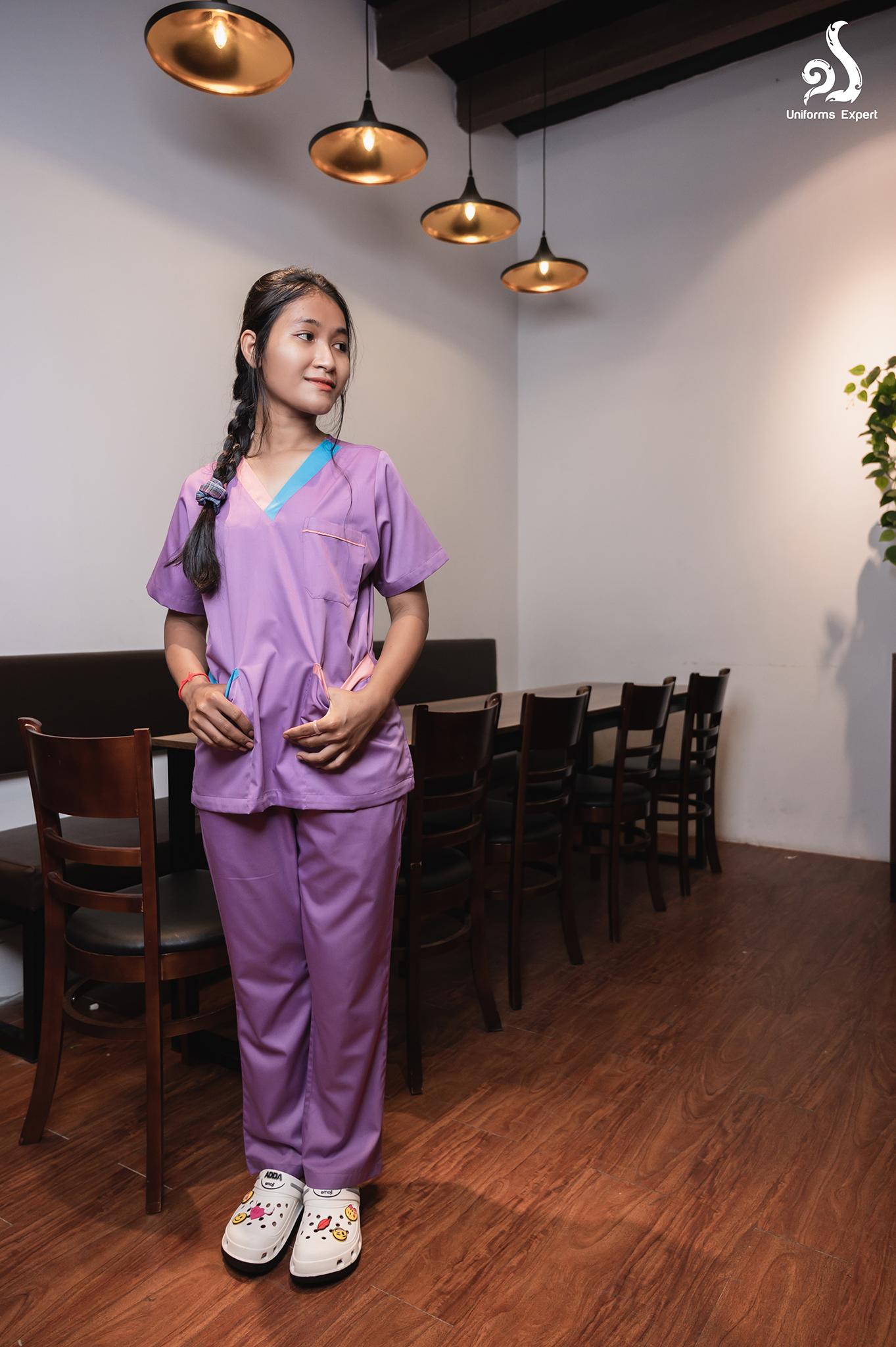 ឈុតនារីពណ៌ស្វាយ មានឡាយ - Nurse set for women Purple Highlights